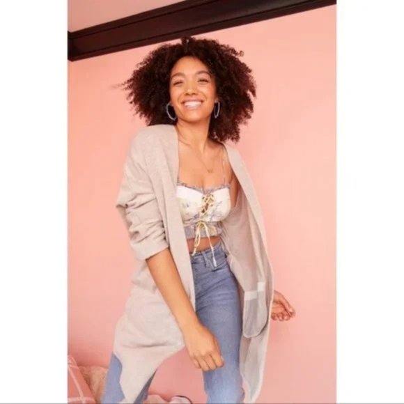 DONNI. Anthropologie Ribbed Long Line Striped Open Front Lagenlook Cardigan - Picture 1 of 10